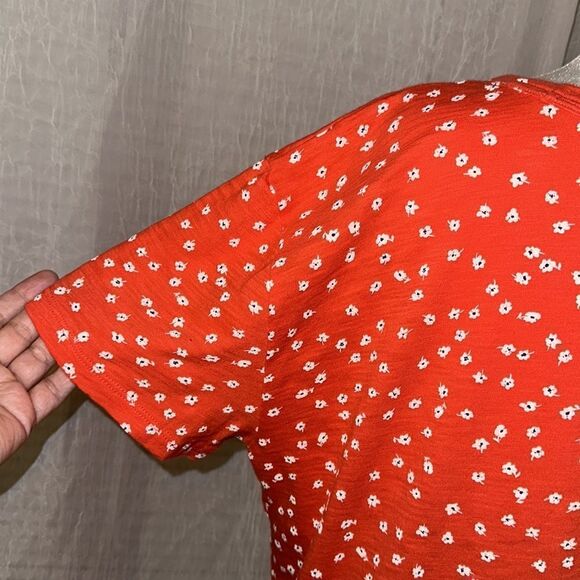 GAP L Ditsy Floral Vibrant Orange White Navy 💯 Cotton Short Sleeve Crewneck Tee - Picture 7 of 9